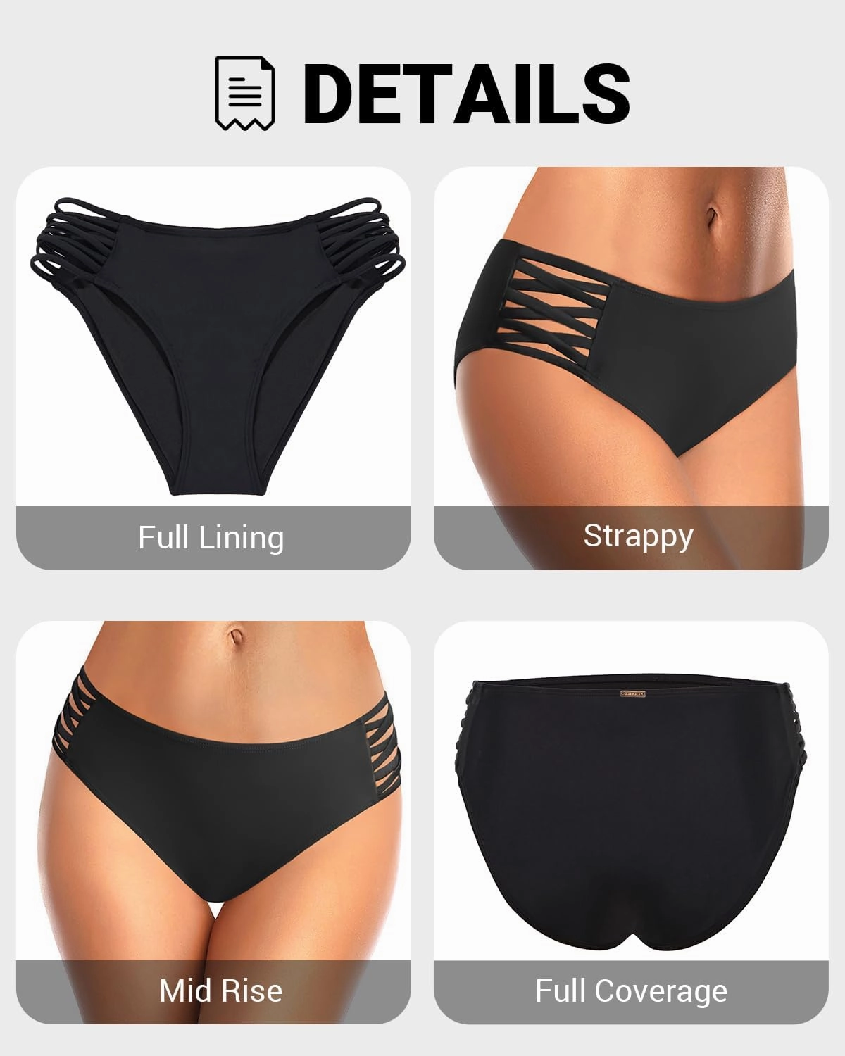 Zmart Strappy Bikini Bottoms - Women's Full Coverage Bathing Suit Mid Waist Swimsuit Bottom