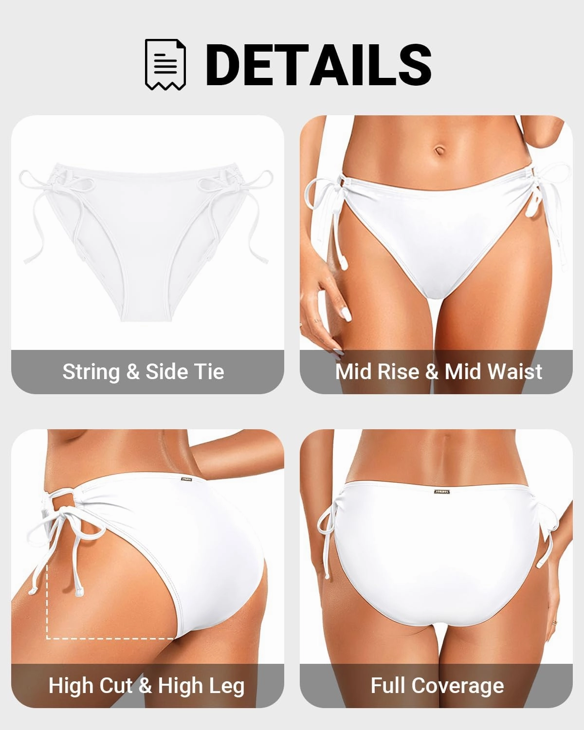 Zmart String Tie Side Bikini Bottoms - Women Full Coverage Swimsuit Bottom Mid Rise Mid Waist Swim Bathing Suit Bottom