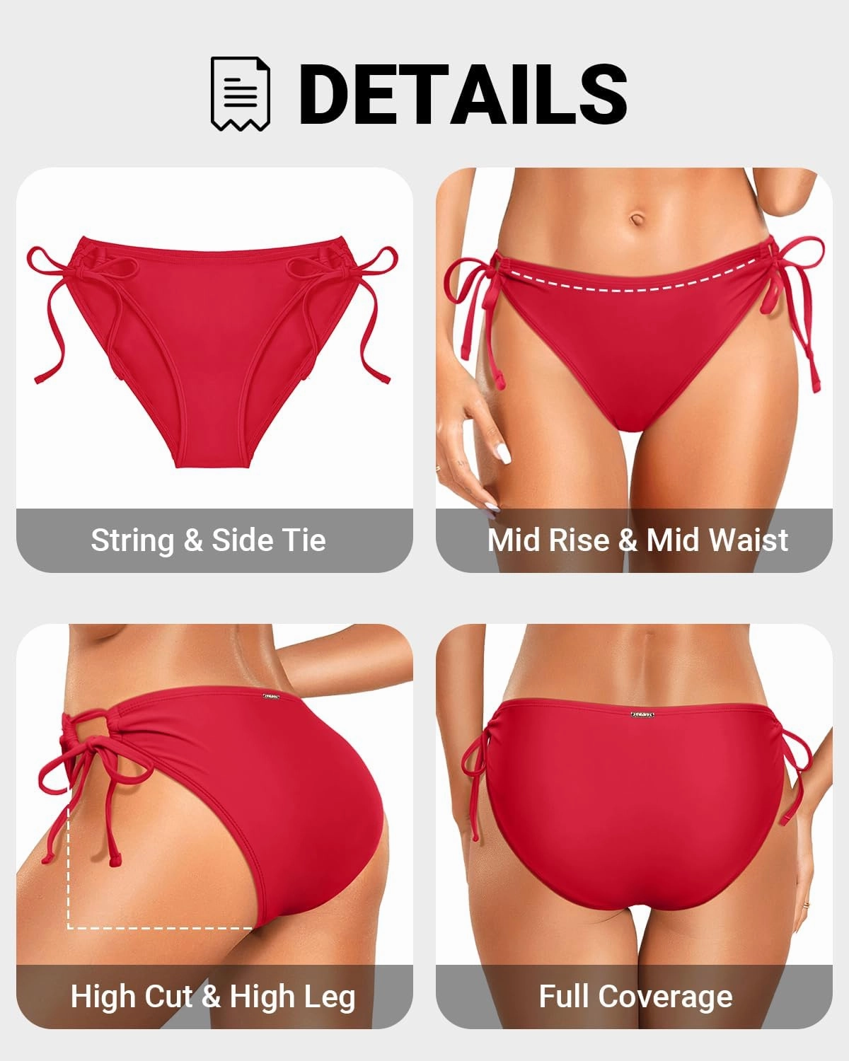 Zmart String Tie Side Bikini Bottoms - Women Full Coverage Swimsuit Bottom Mid Rise Mid Waist Swim Bathing Suit Bottom