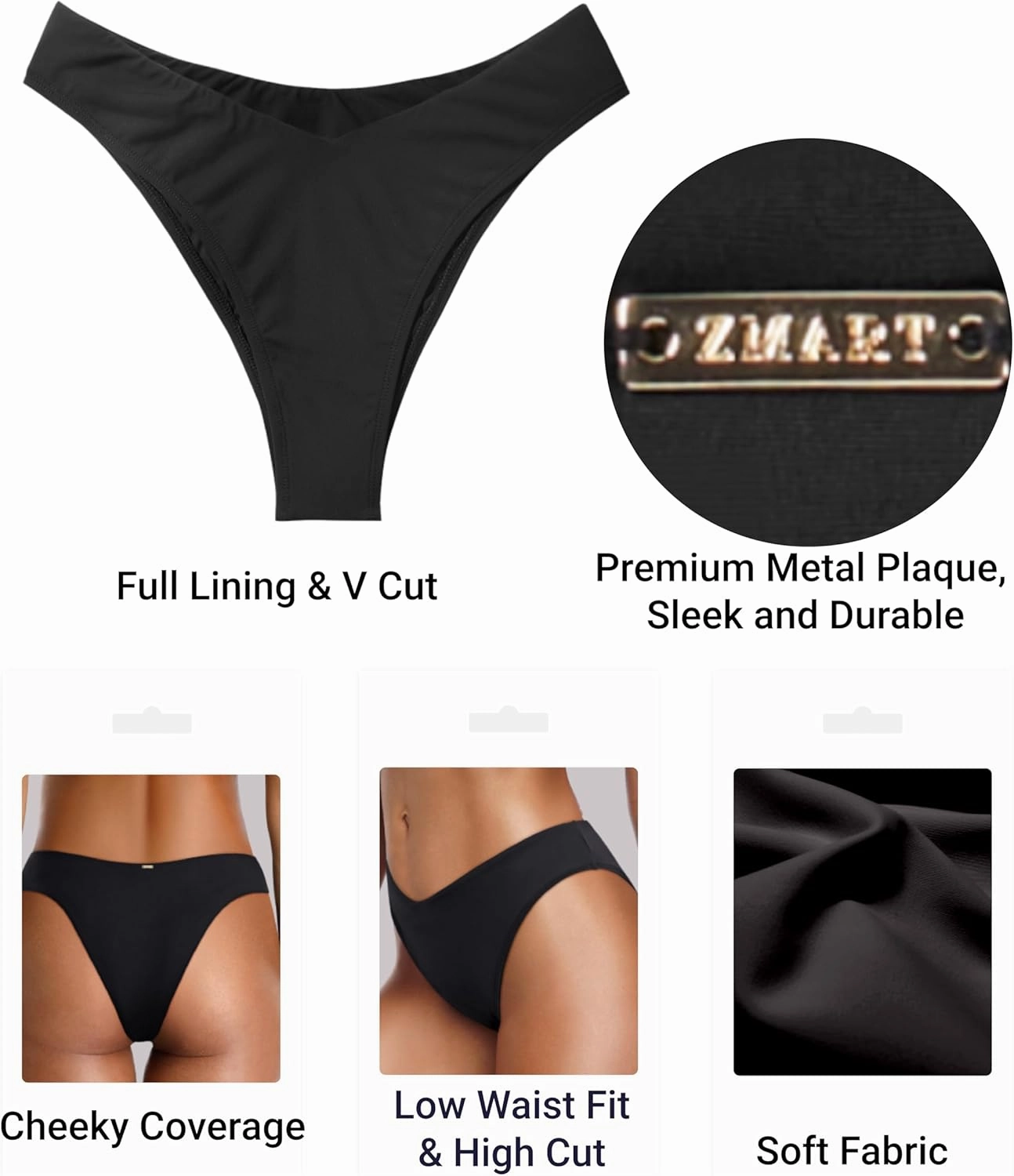 Zmart Women Cheeky Bikini Bottoms V Cut Swim Bottom High Cut Swimsuit Low Waist Low Rise Bathing Suit