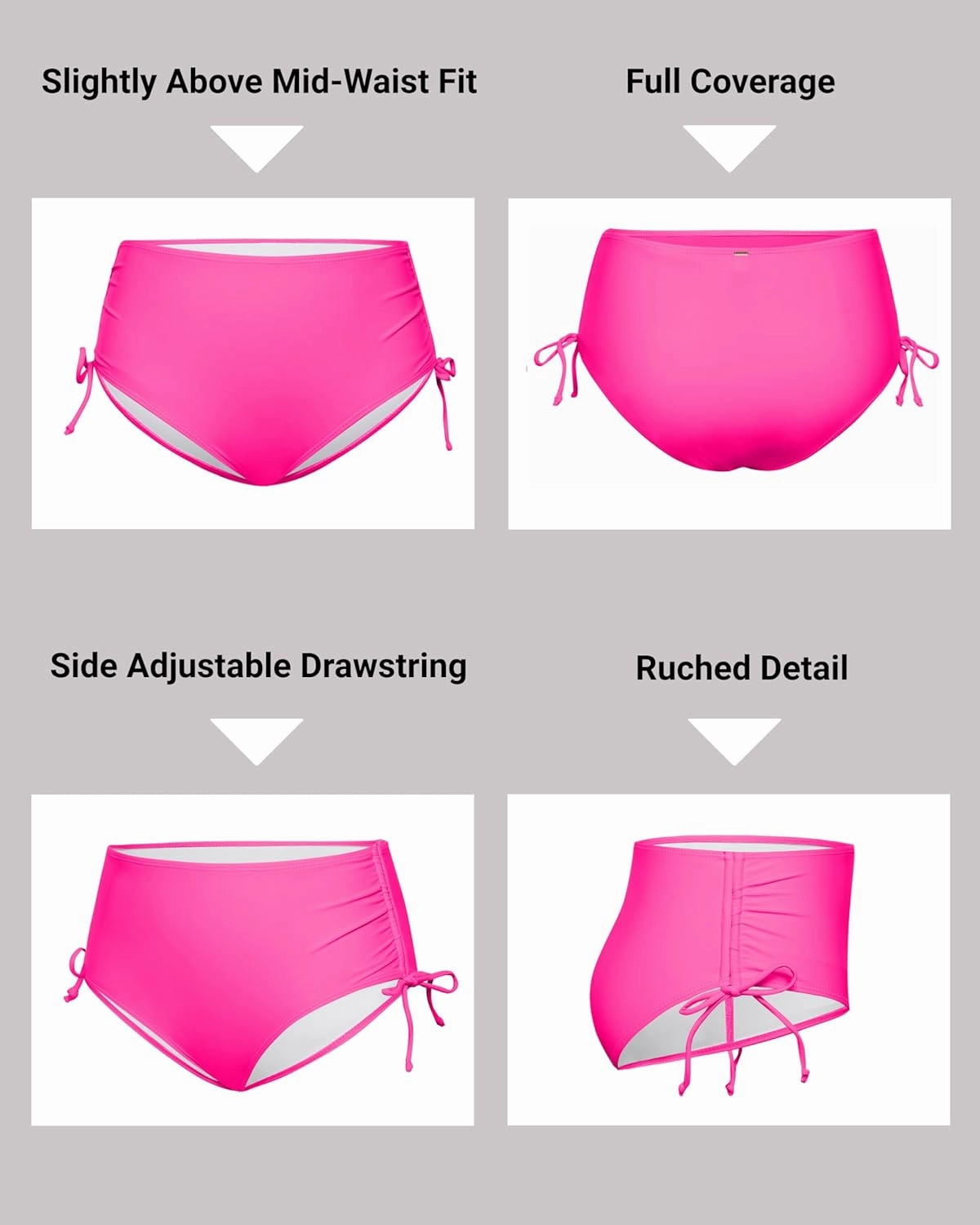 Zmart Women Full Coverage Bikini Bottom Adjustable Side Tie Swim Bottom with Side Ruched Mid Rise Bathing Swimsuit