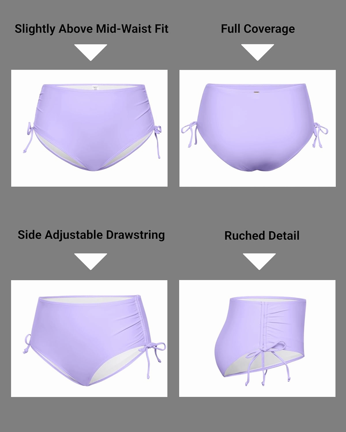 Zmart Women Full Coverage Bikini Bottom Adjustable Side Tie Swim Bottom with Side Ruched Mid Rise Bathing Swimsuit