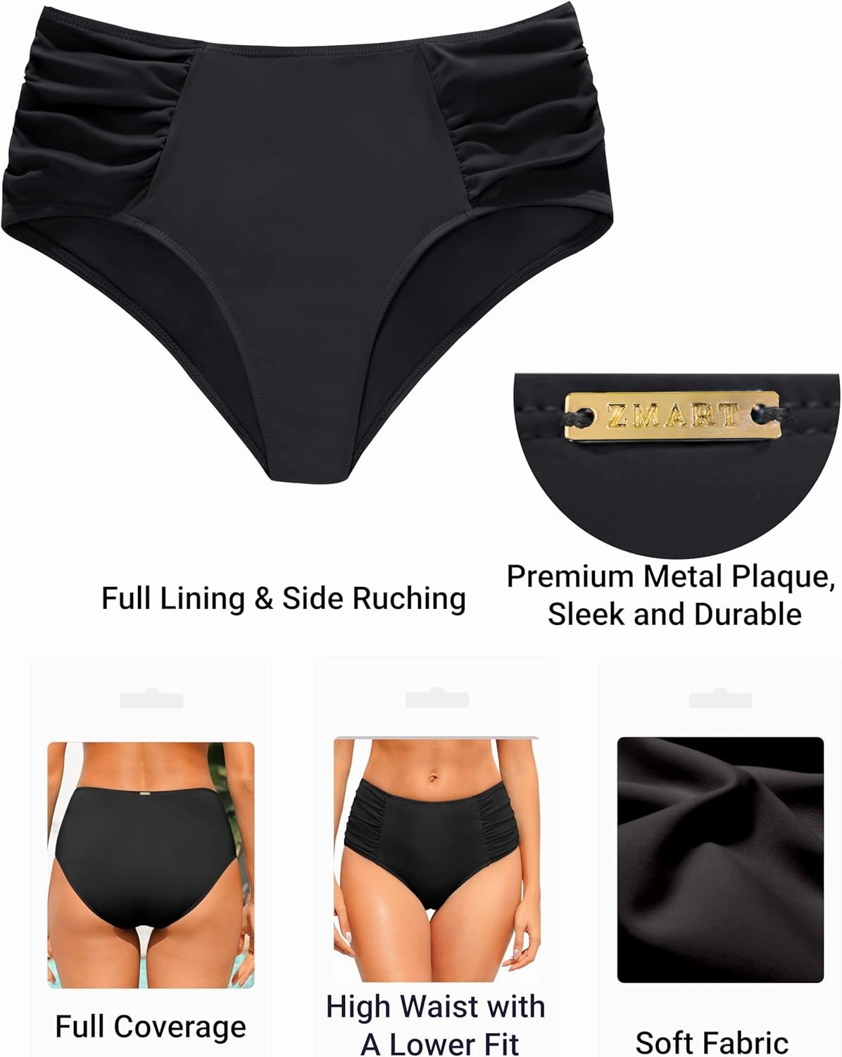 Zmart Women High Waist Bikini Bottoms - Full Coverage Ruched Bathing Suit Swim Bottom Swimsuits Swimwear