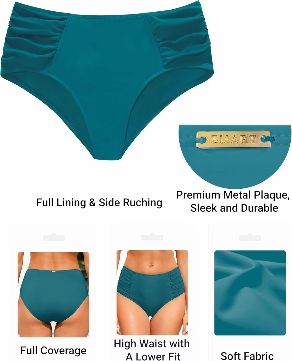 Zmart Women High Waist Bikini Bottoms - Full Coverage Ruched Bathing Suit Swim Bottom Swimsuits Swimwear