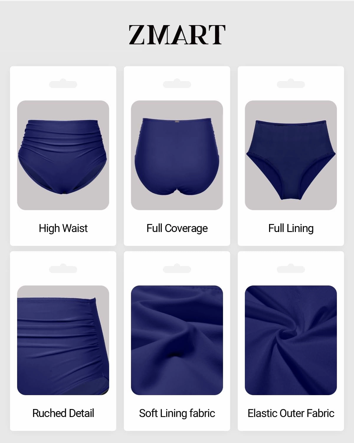 Zmart Women High Waisted Bikini Bottoms Tummy Control Full Coverage Swim Bottom Front Ruched Bathing Swimsuit