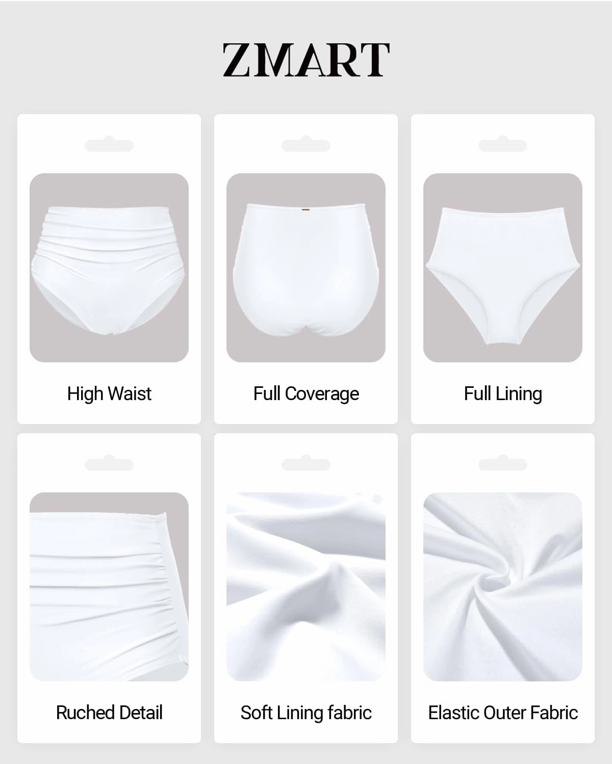 Zmart Women High Waisted Bikini Bottoms Tummy Control Full Coverage Swim Bottom Front Ruched Bathing Swimsuit