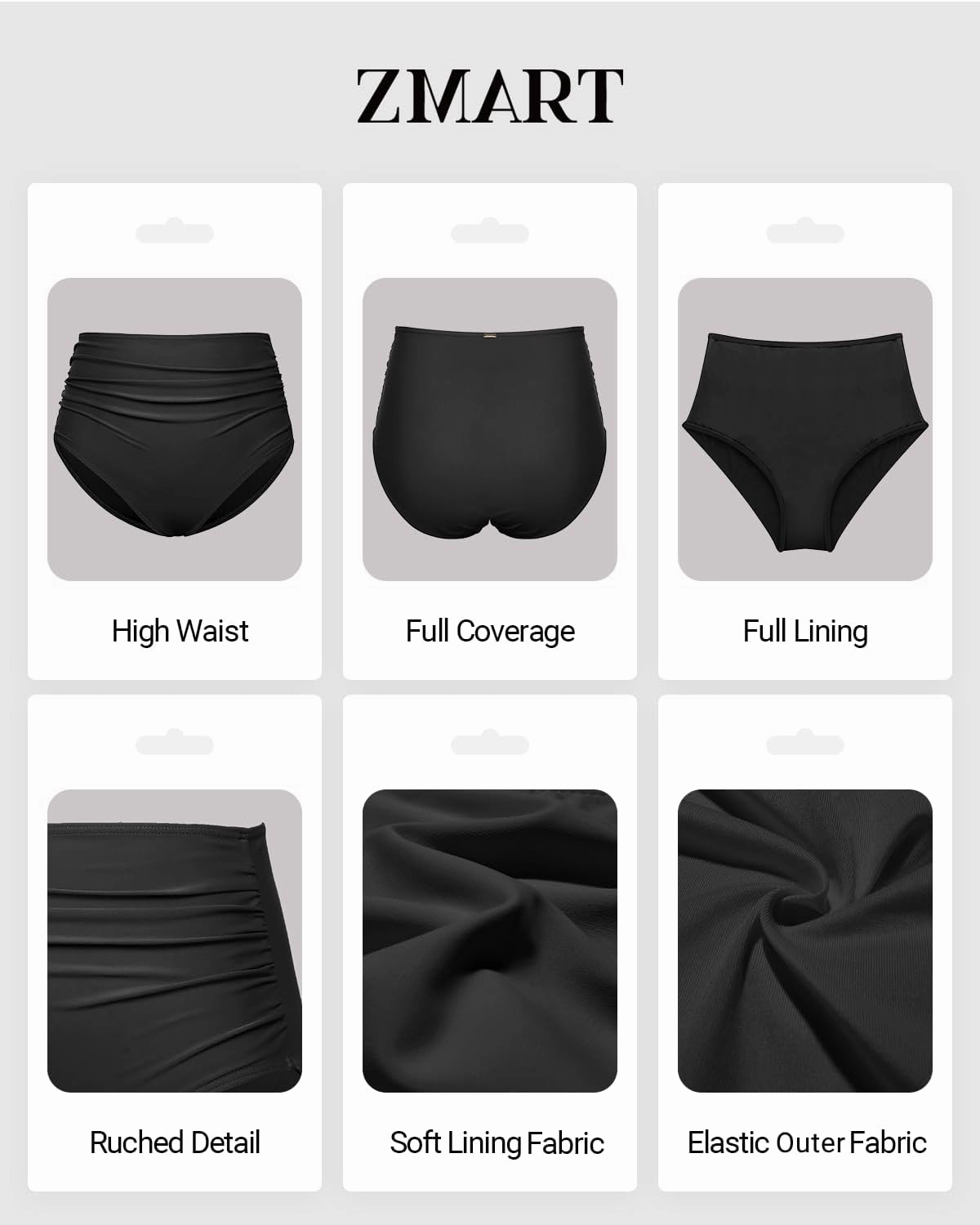Zmart Women High Waisted Bikini Bottoms Tummy Control Full Coverage Swim Bottom Front Ruched Bathing Swimsuit