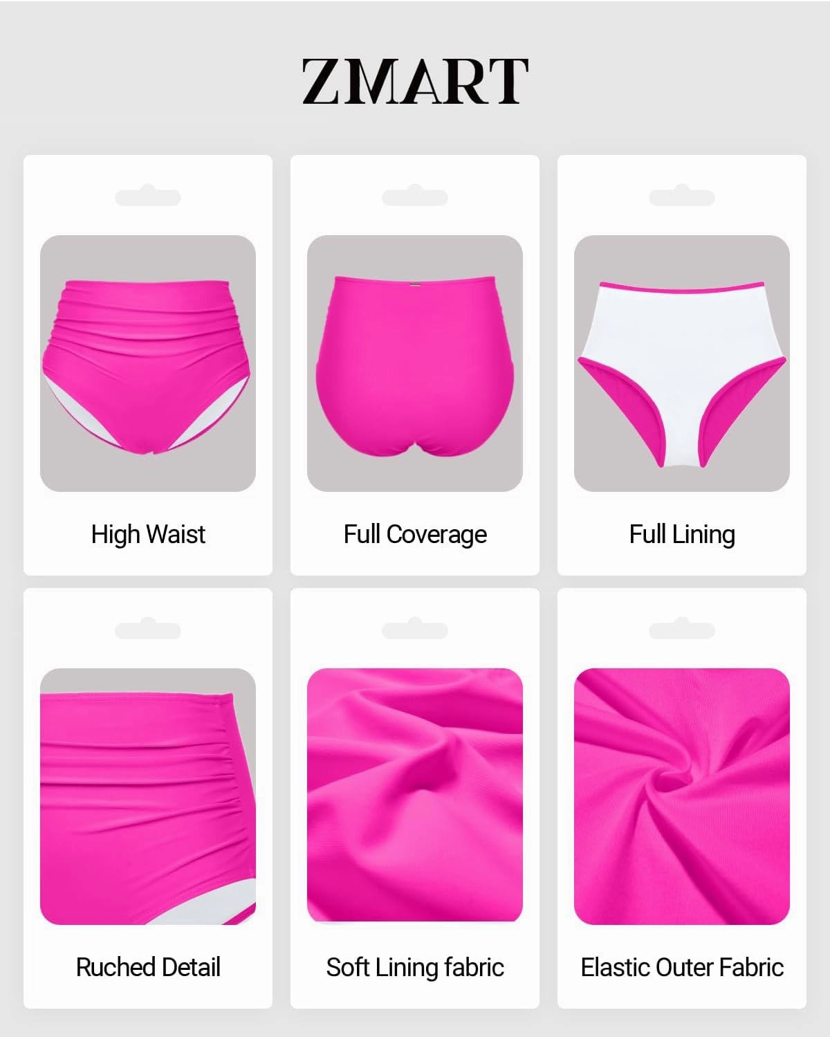 Zmart Women High Waisted Bikini Bottoms Tummy Control Full Coverage Swim Bottom Front Ruched Bathing Swimsuit