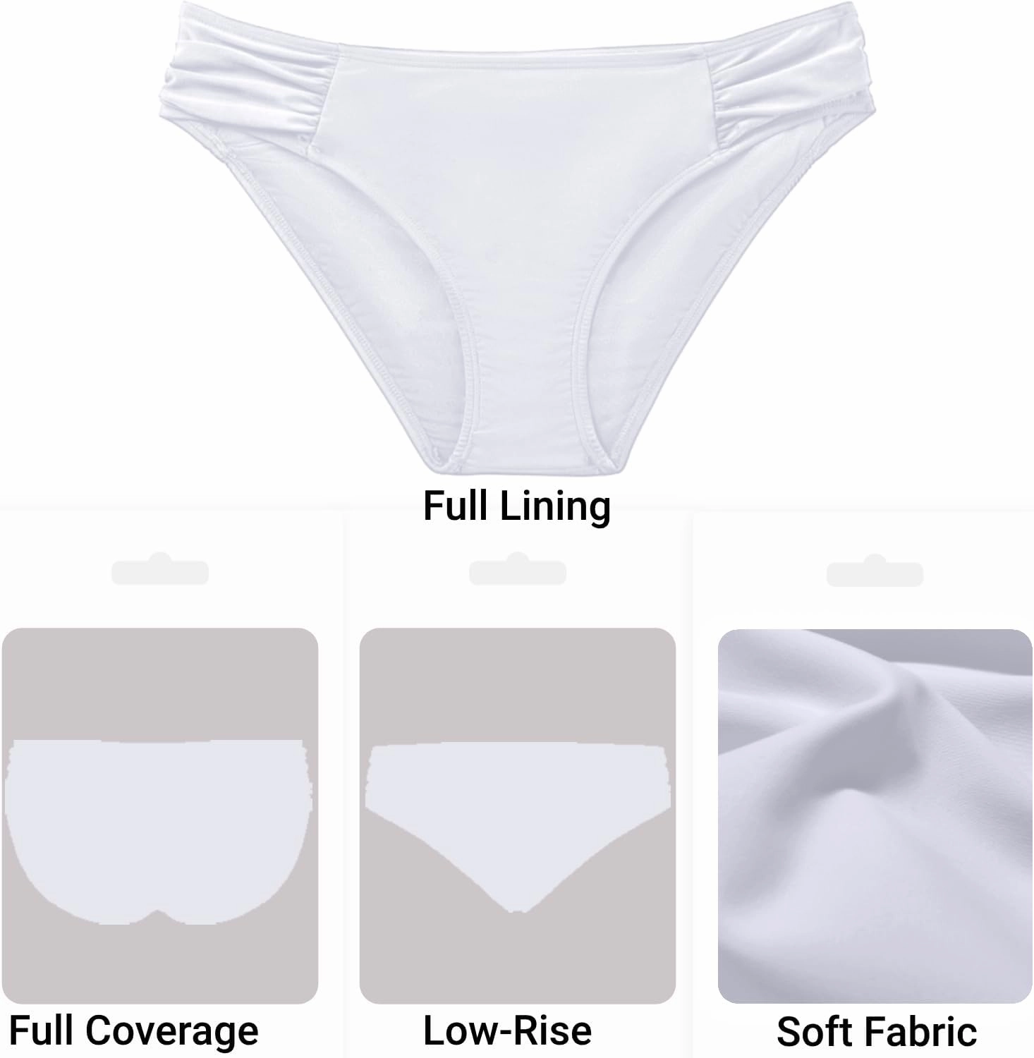 Zmart Women Low Rise Bikini Bottoms - Full Coverage Ruched Bathing Suit Swim Bottom Swimsuits Swimwear