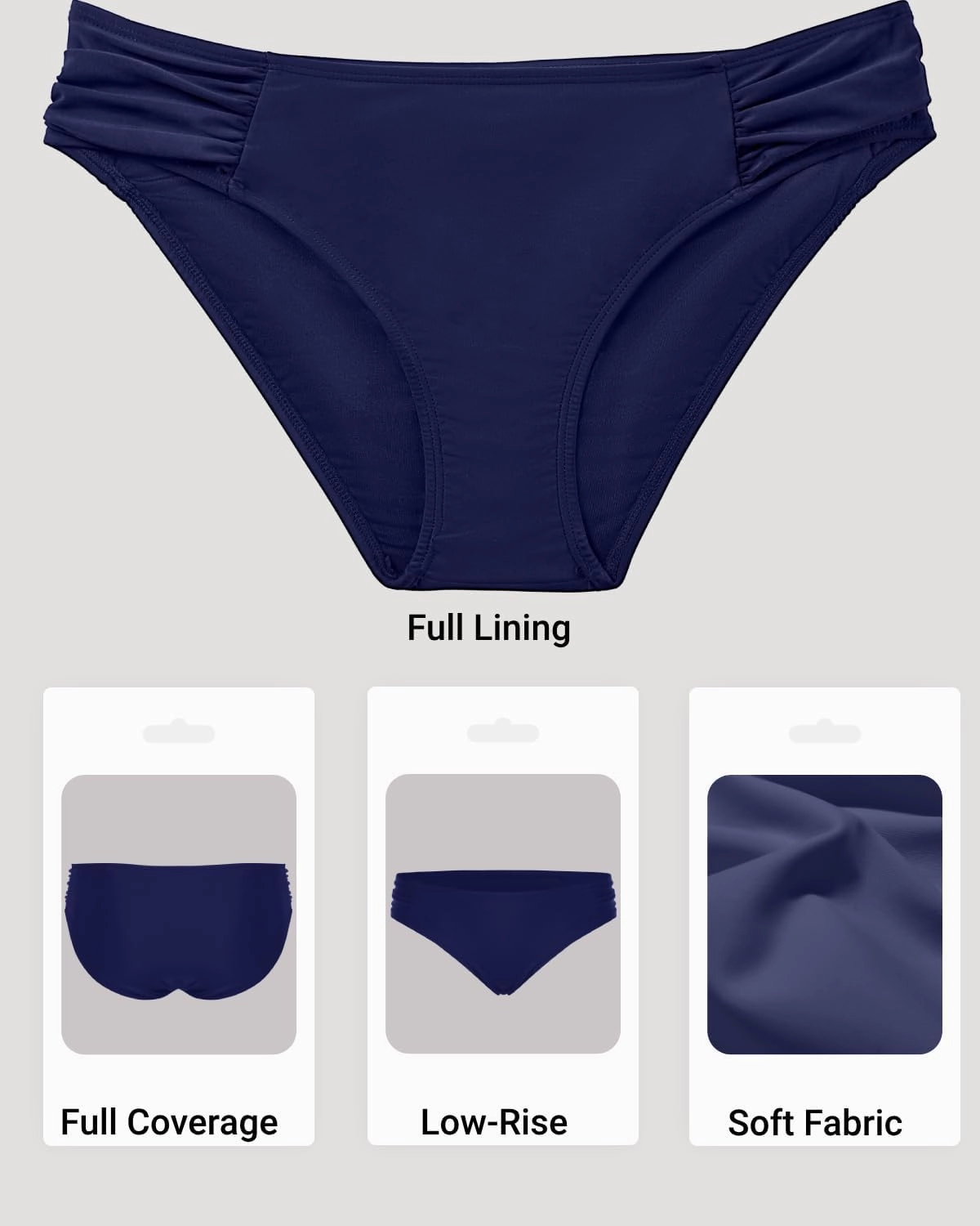 Zmart Women Low Rise Bikini Bottoms - Full Coverage Ruched Bathing Suit Swim Bottom Swimsuits Swimwear