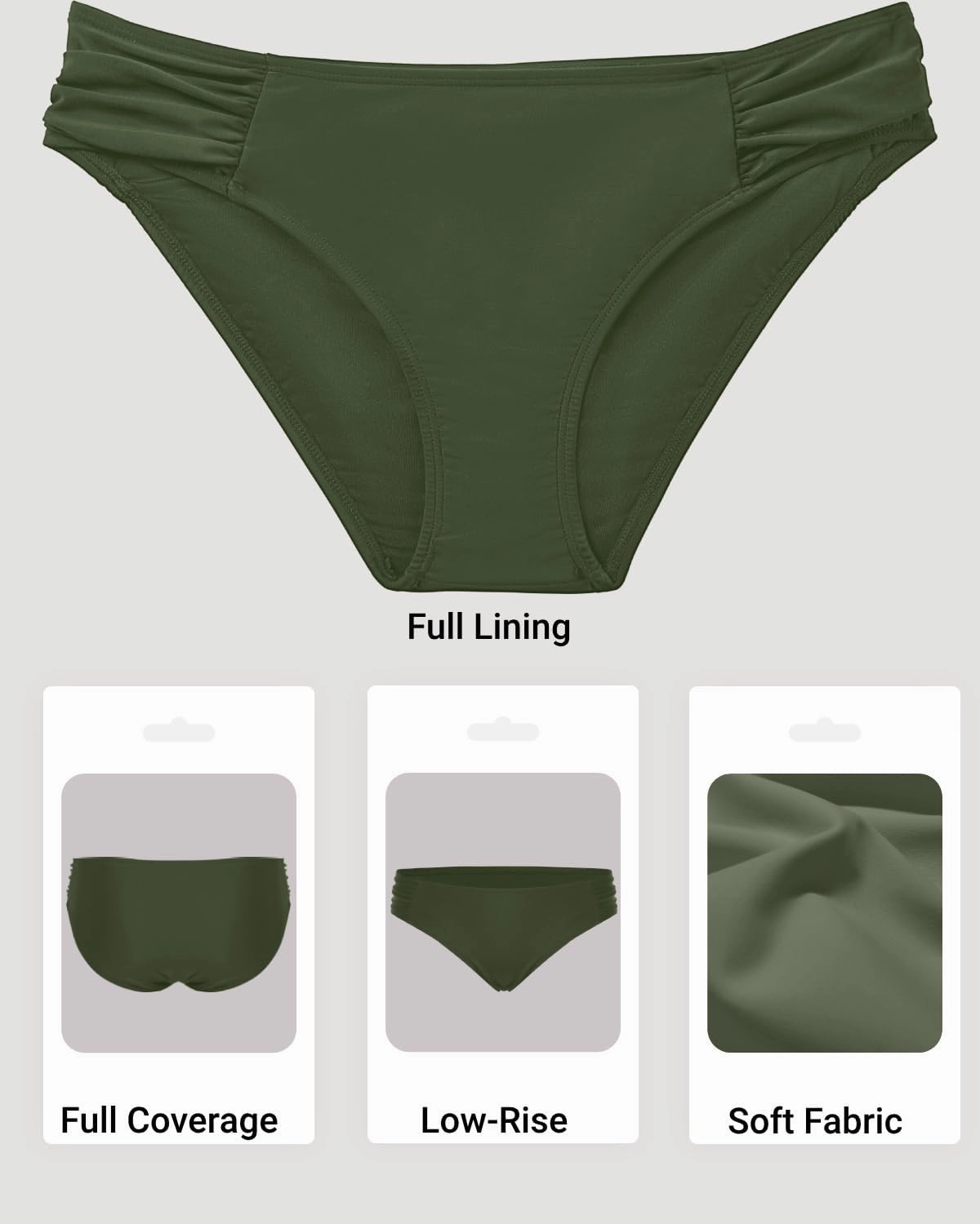 Zmart Women Low Rise Bikini Bottoms - Full Coverage Ruched Bathing Suit Swim Bottom Swimsuits Swimwear