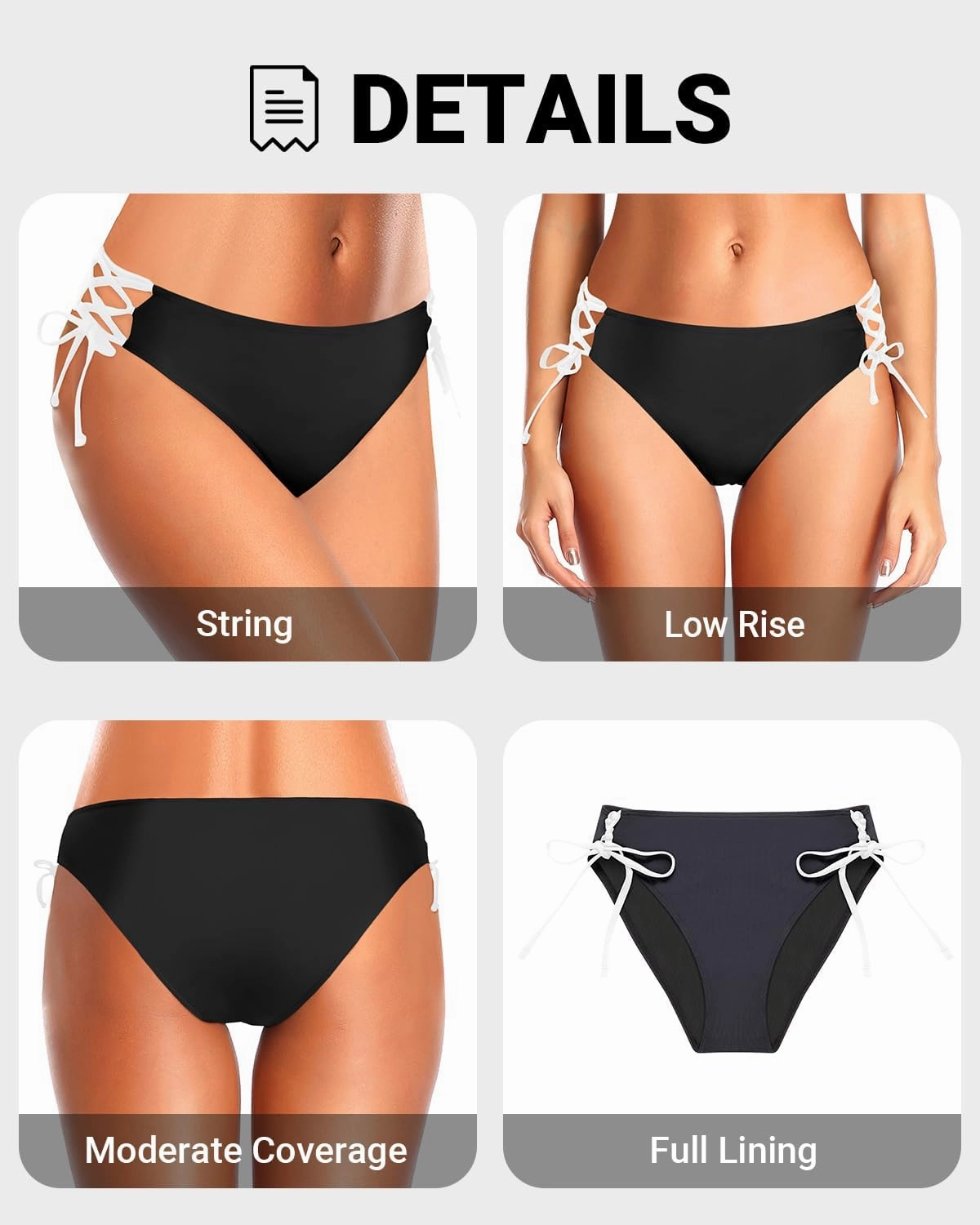 Zmart Women Low Waisted Bikini Bottoms - String Tie Side Bathing Suit Moderate Coverage Swim Bottom