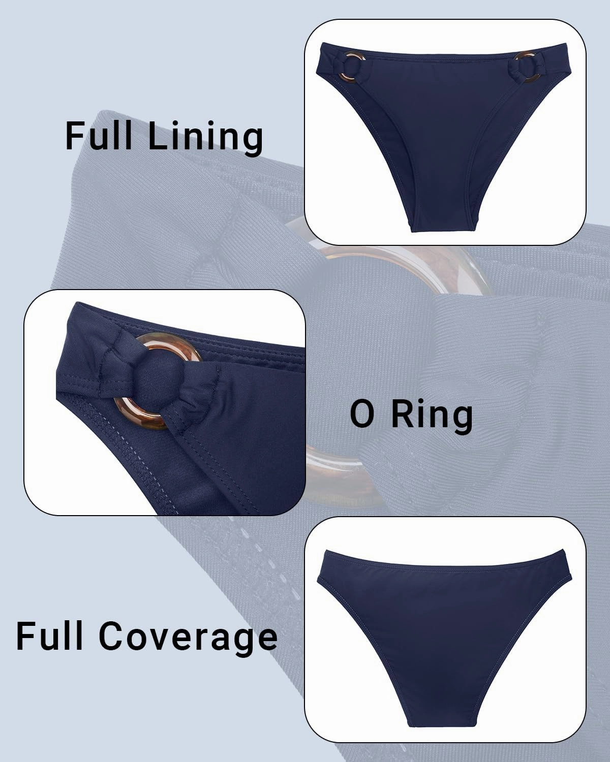 Zmart Women O Ring Bikini Bottoms Full Coverage Swimsuit Bottom Low Waist Low Rise Bathing Suit