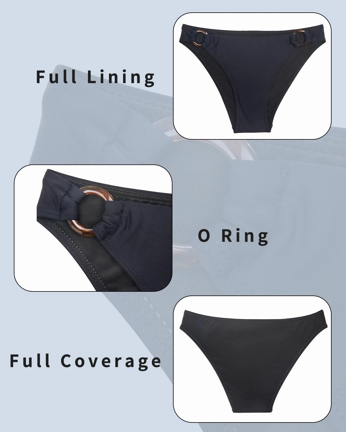 Zmart Women O Ring Bikini Bottoms Full Coverage Swimsuit Bottom Low Waist Low Rise Bathing Suit