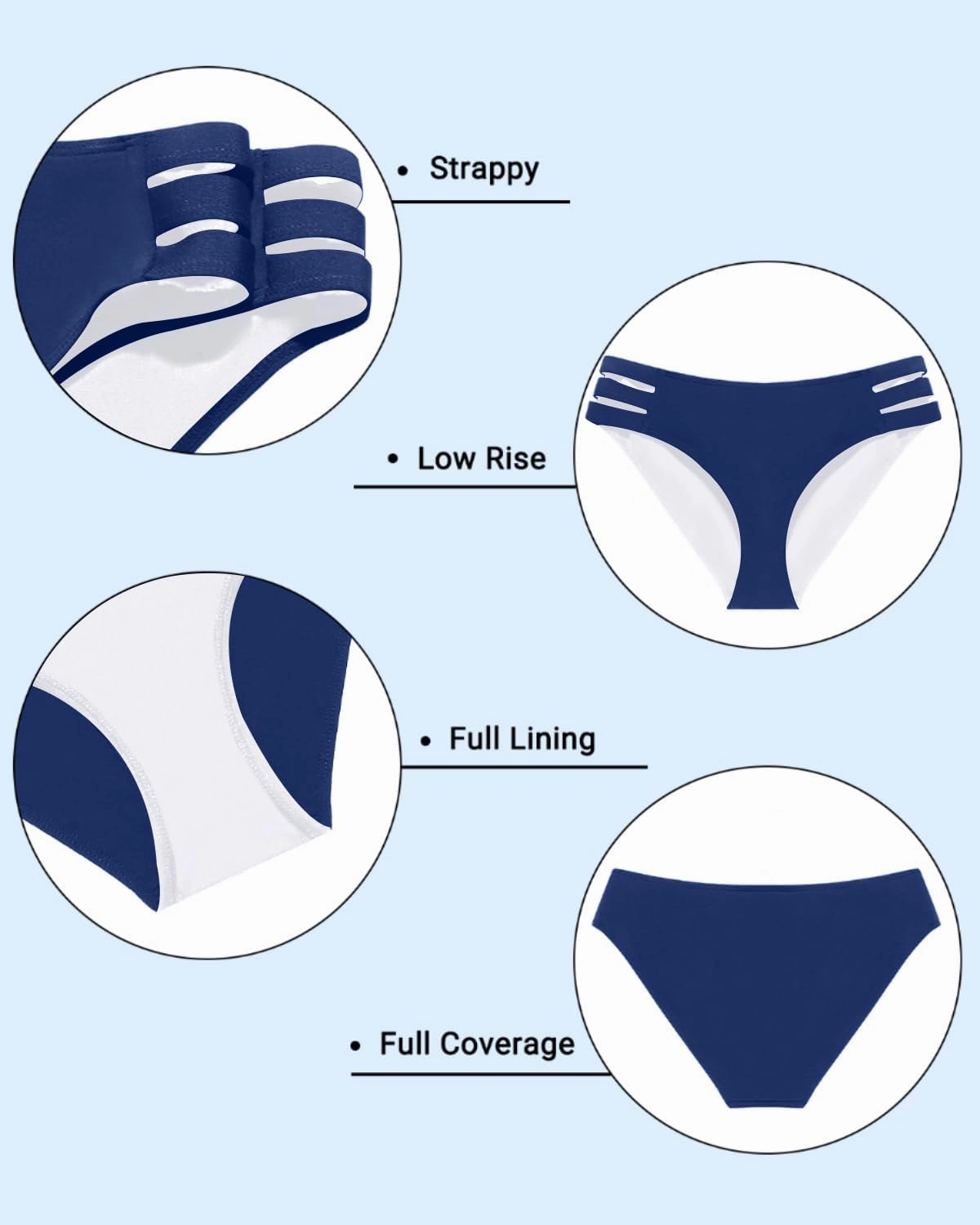 Zmart Women Standard Strappy Bikini Bottoms Full Coverage Bathing Suit Cutout Swim Low Rise Swimsuit Bottom