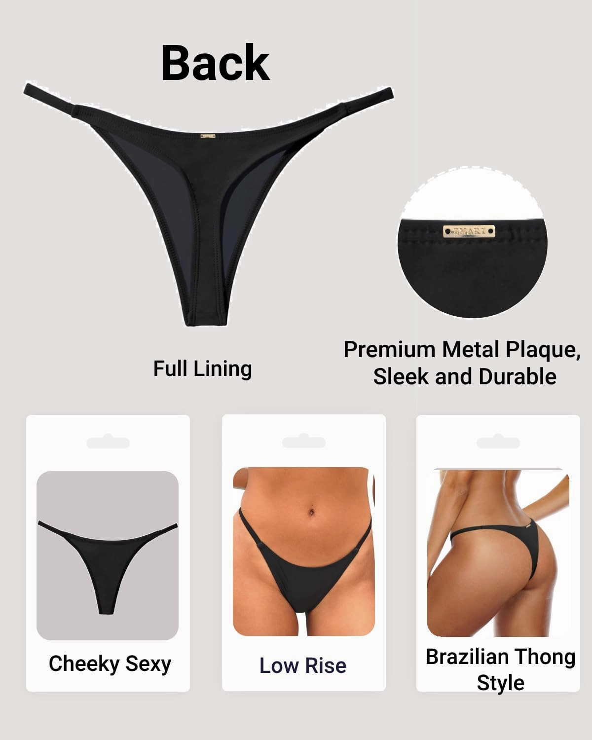 Zmart Women Thong Bikini Bottoms G String Sexy Low Waist Swimsuit Bottom Brazilian Cheeky Bathing Suit Bottoms