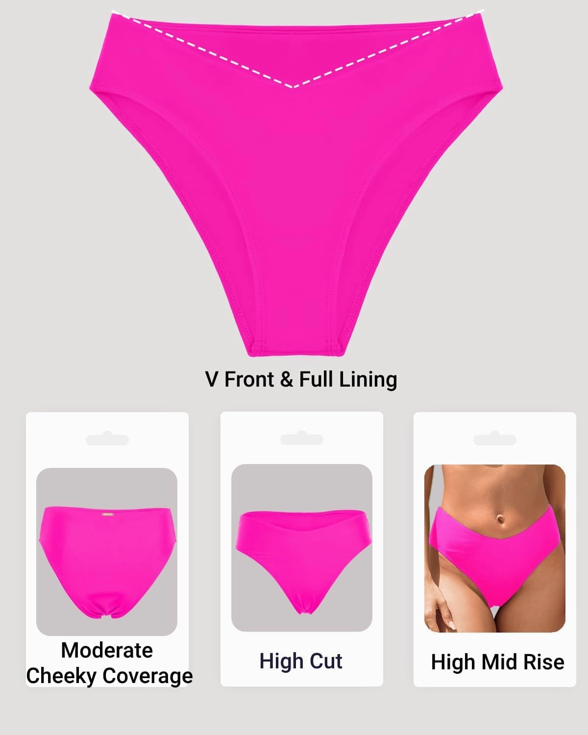Zmart Women V Cut Cheeky Bikini Bottoms - Mid Waist High Cut Swim Bathing Suit Bottoms V Front Swimsuit