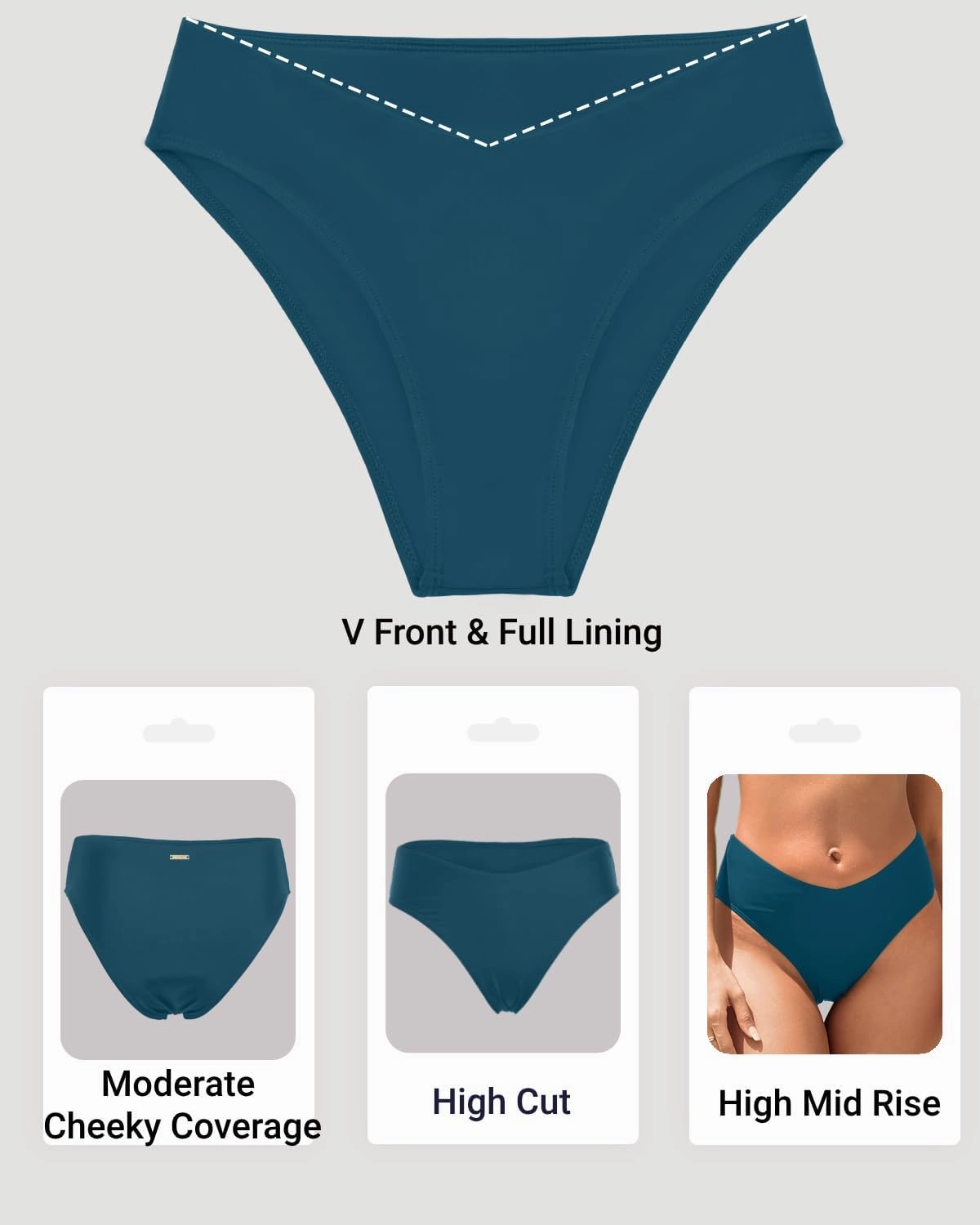 Zmart Women V Cut Cheeky Bikini Bottoms - Mid Waist High Cut Swim Bathing Suit Bottoms V Front Swimsuit
