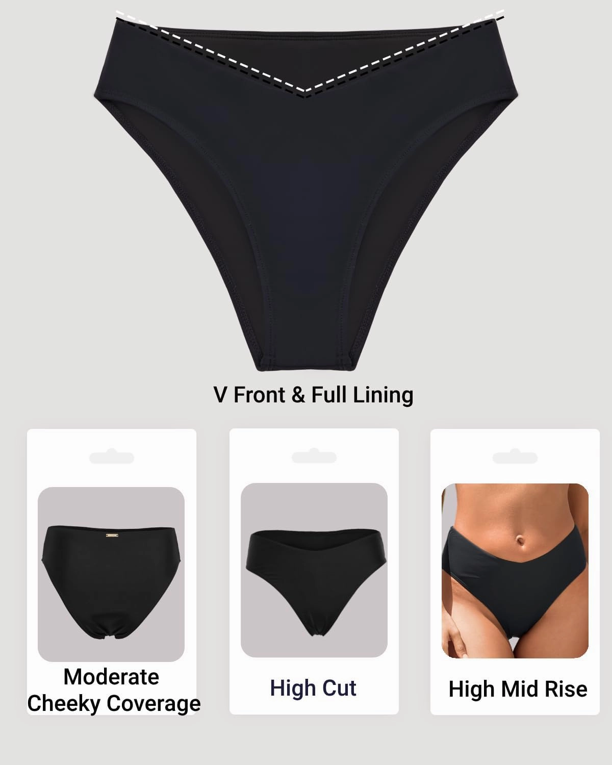 Zmart Women V Cut Cheeky Bikini Bottoms - Mid Waist High Cut Swim Bathing Suit Bottoms V Front Swimsuit