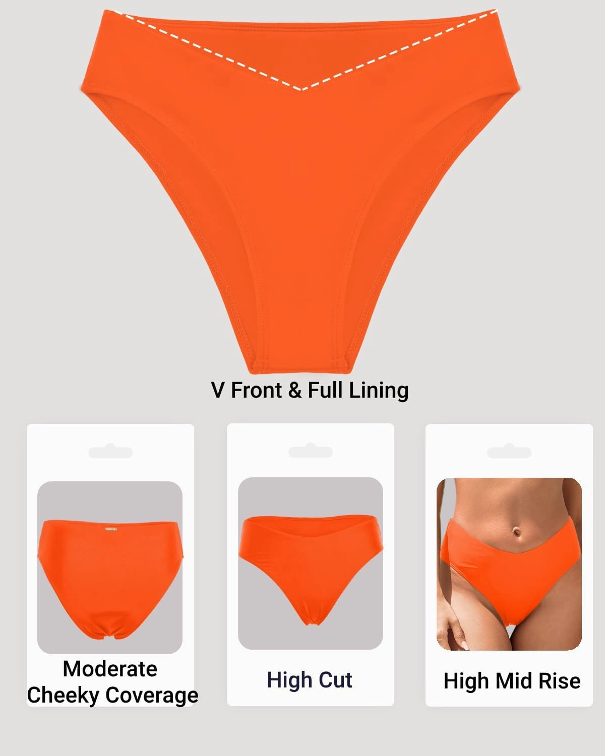 Zmart Women V Cut Cheeky Bikini Bottoms - Mid Waist High Cut Swim Bathing Suit Bottoms V Front Swimsuit