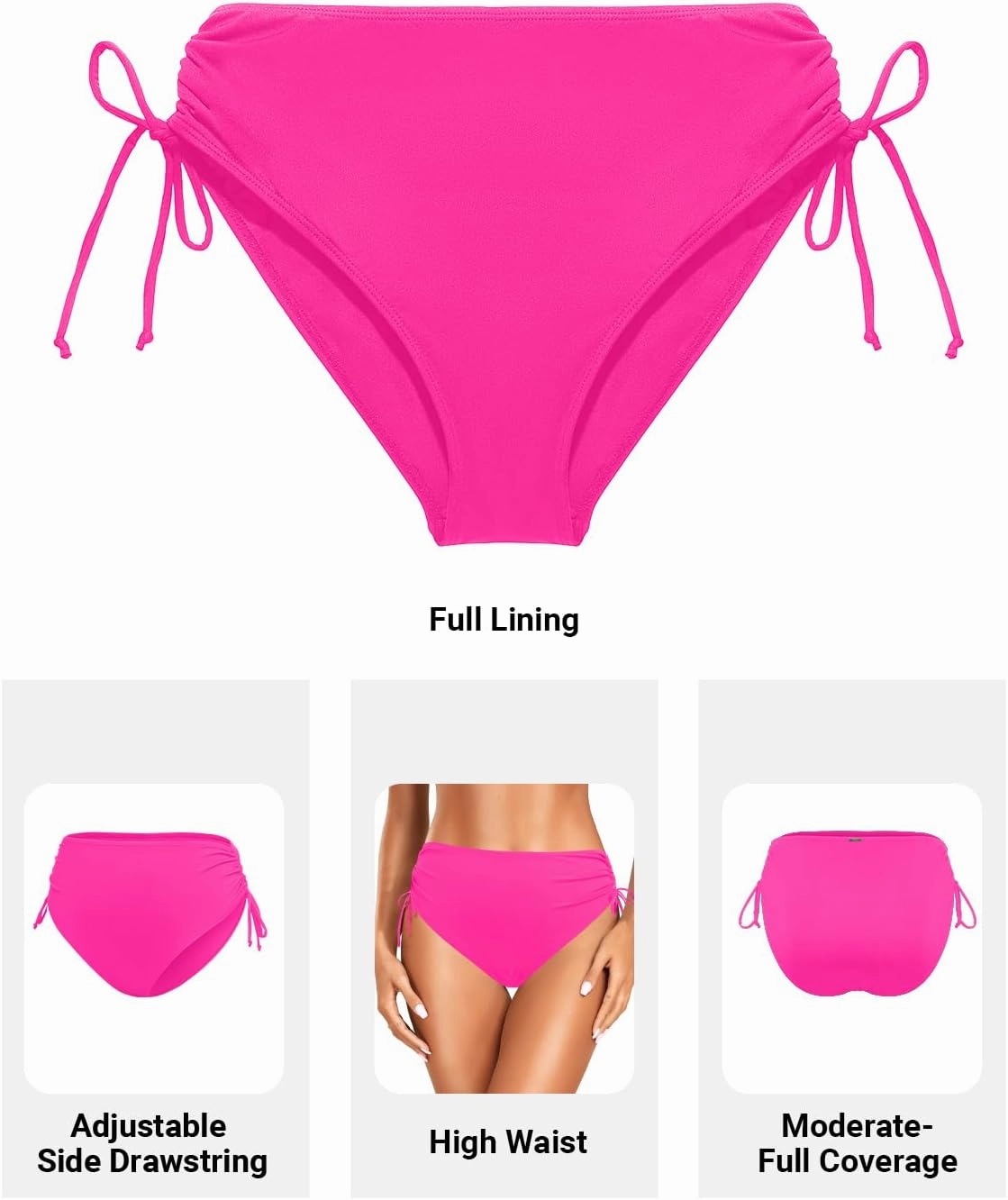 Zmart Womens High Waist Bikini Bottoms - Tie Side Full Coverage Bathing Suit Bottom String Swimsuit