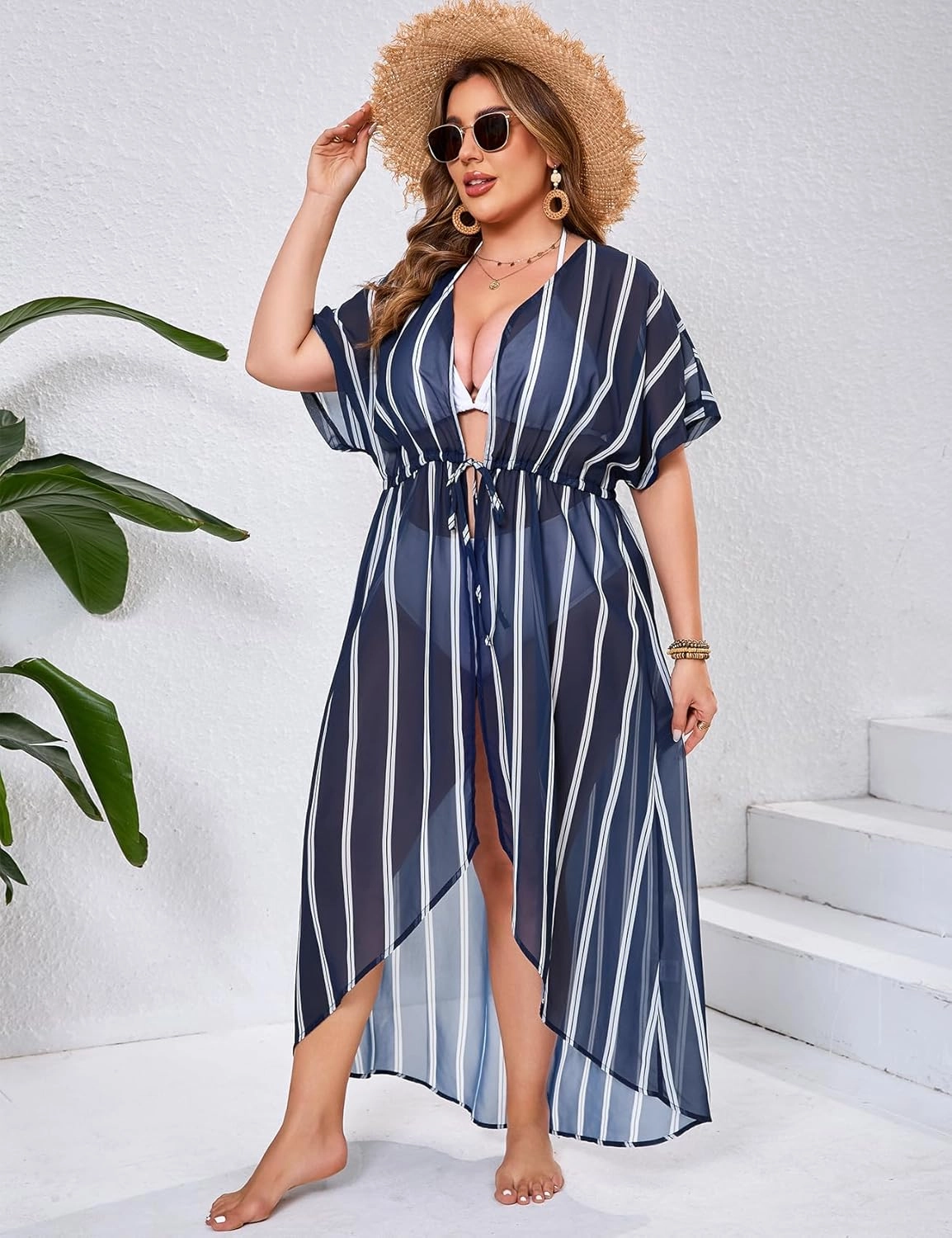 ZOMVA 2025 Plus Size 1X-5X Womens Swimsuit Maxi Cover Up Bathing Suit Bikini Long Coverups Tie Open Front Swimwear Beach Wear
