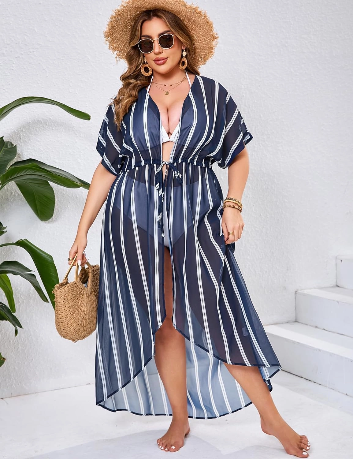 ZOMVA 2025 Plus Size 1X-5X Womens Swimsuit Maxi Cover Up Bathing Suit Bikini Long Coverups Tie Open Front Swimwear Beach Wear
