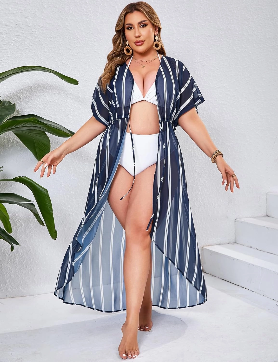 ZOMVA 2025 Plus Size 1X-5X Womens Swimsuit Maxi Cover Up Bathing Suit Bikini Long Coverups Tie Open Front Swimwear Beach Wear