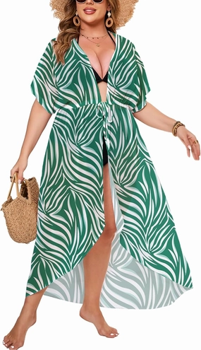ZOMVA 2025 Plus Size 1X-5X Womens Swimsuit Maxi Cover Up Bathing Suit Bikini Long Coverups Tie Open Front Swimwear Beach Wear