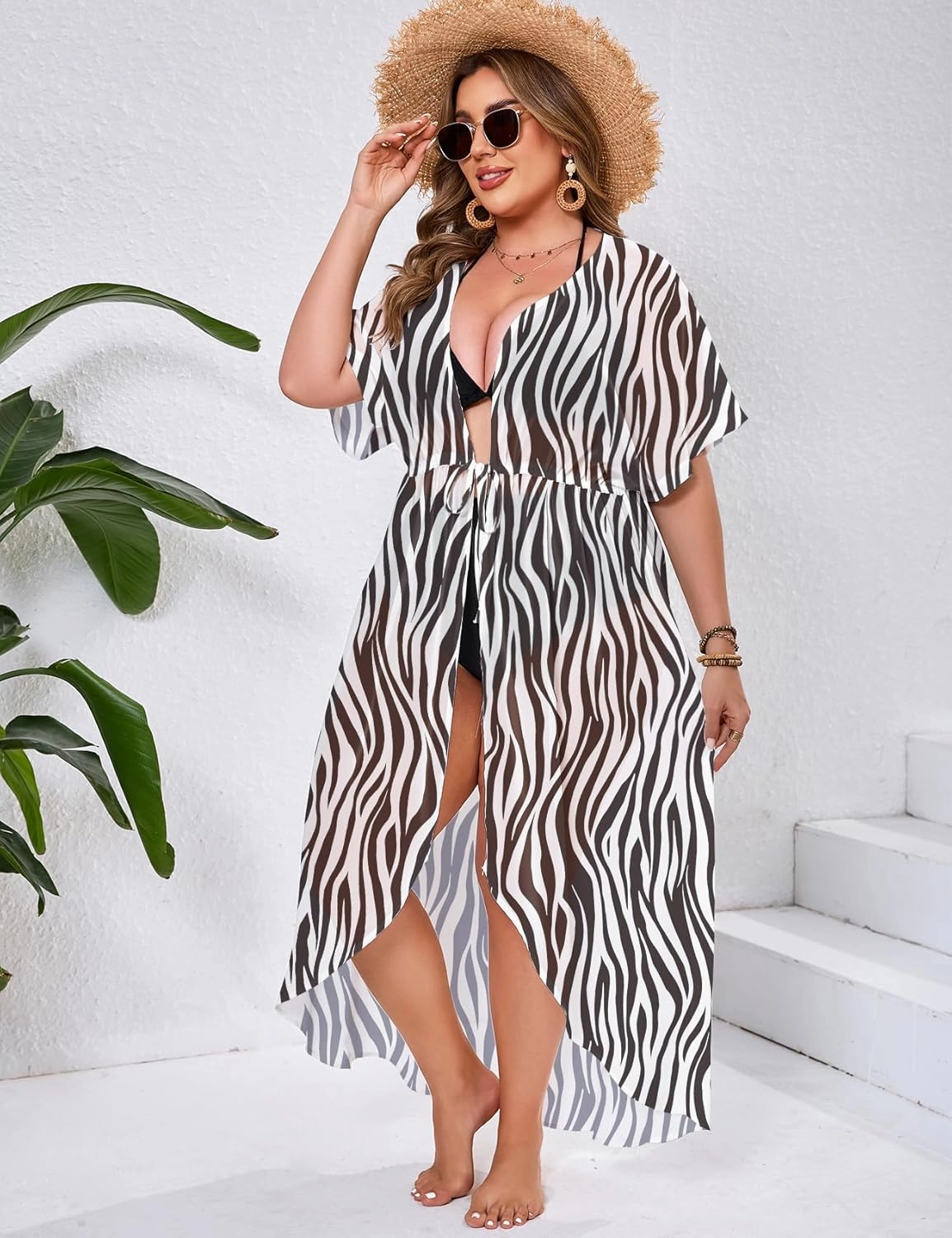ZOMVA 2025 Plus Size 1X-5X Womens Swimsuit Maxi Cover Up Bathing Suit Bikini Long Coverups Tie Open Front Swimwear Beach Wear