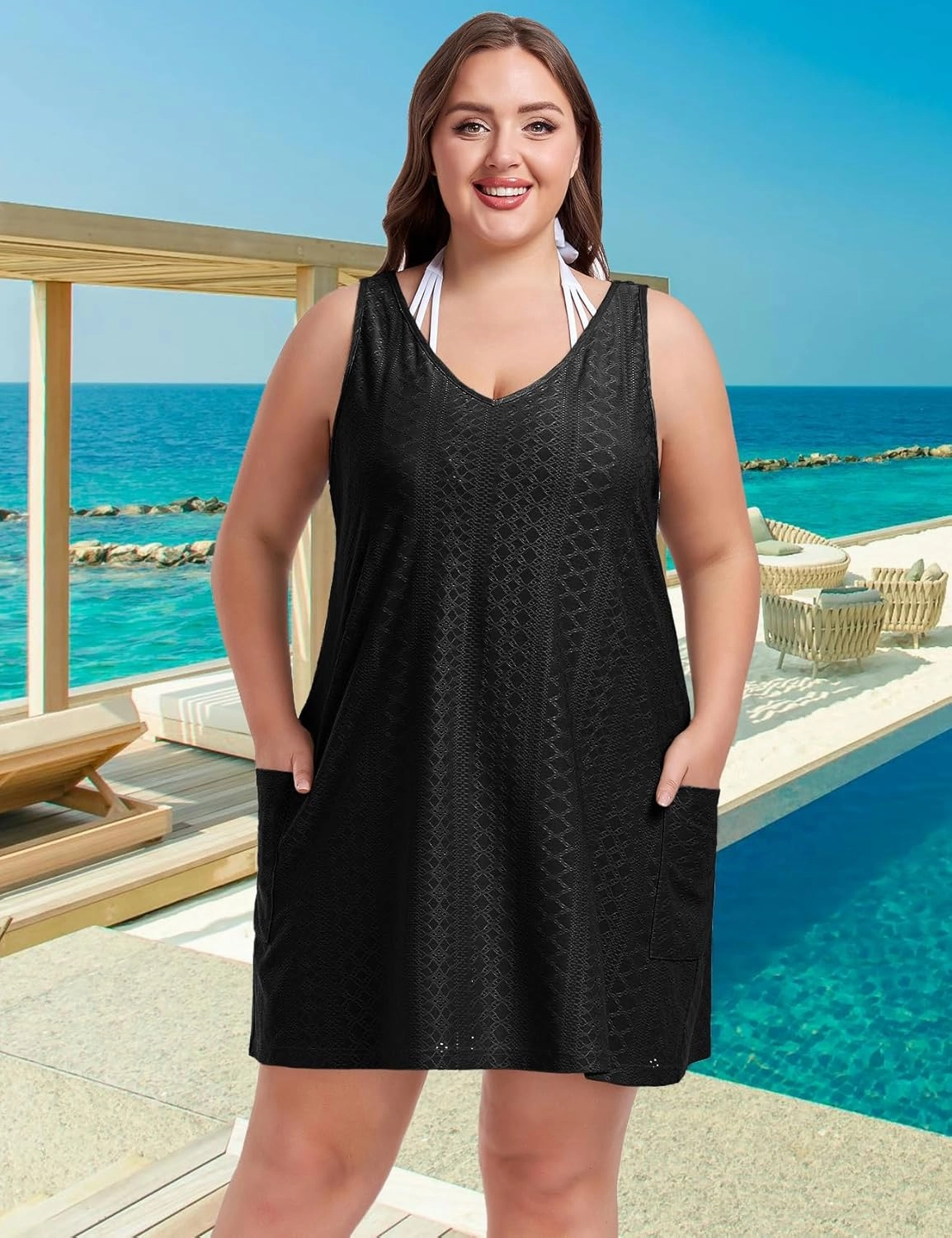 ZOMVA 2025 Women's Plus Size 0X-4X Swimsuit Coverup with Pockets Sleeveless Bikini Beach Cover Up Dress Outfits Swimwear